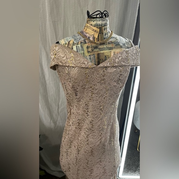 Cachet Sequin Lace Gown in Tan and Gold - Picture 3 of 10